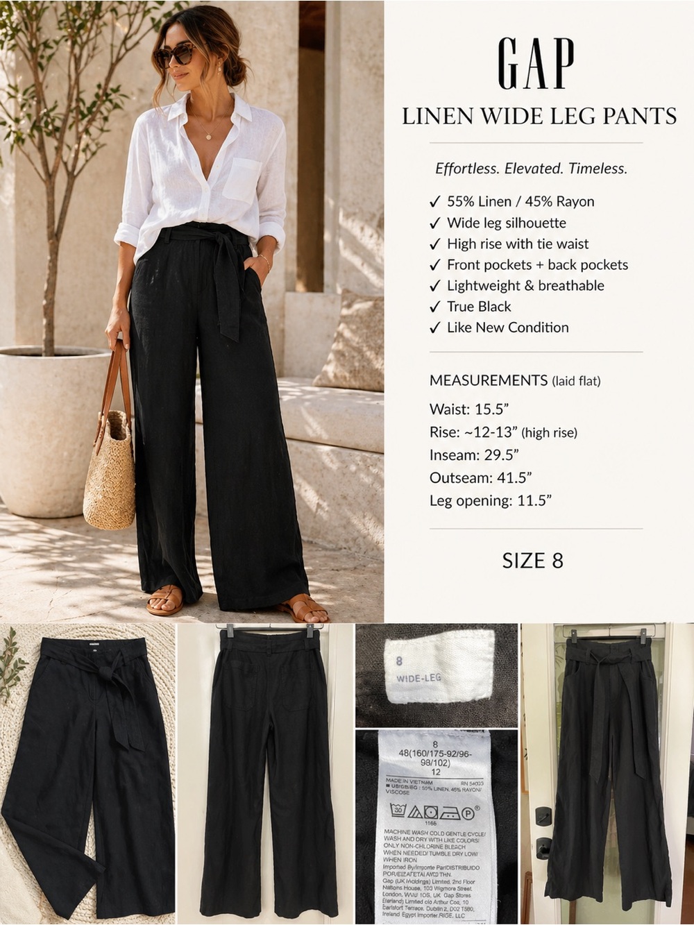 Gap Linen Wide Leg Pants Black Tie Waist High Rise Relaxed Coastal Chic Size 8 - Picture 4 of 11